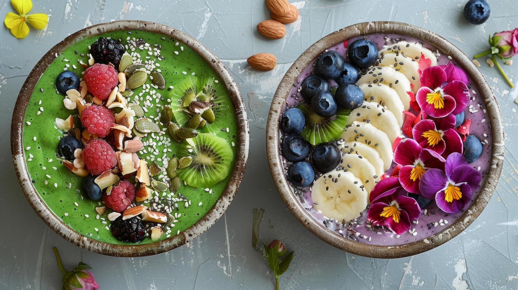 Two vibrant smoothie bowls topped with fresh fruits, nuts, seeds, and edible flowers. Healthy and colorful breakfast options. photo
