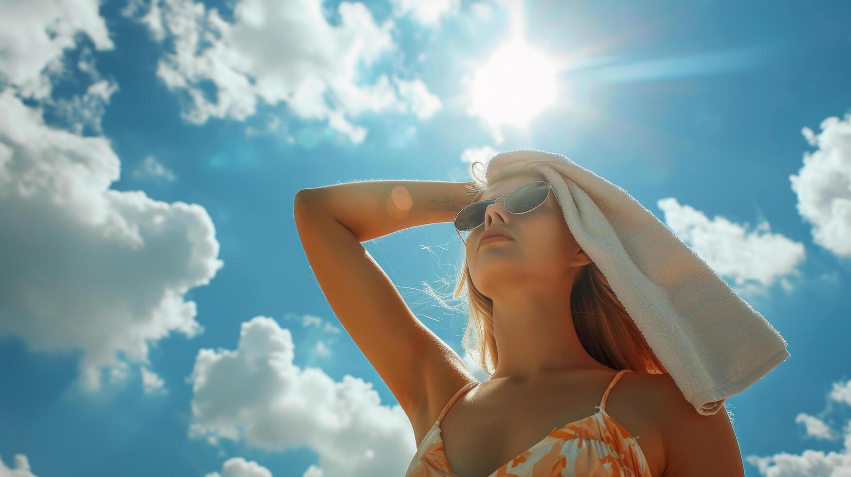 Woman enjoying a sunny day with a clear blue sky and clouds in summer, shielding her eyes with a hand and wearing sunglasses. photo