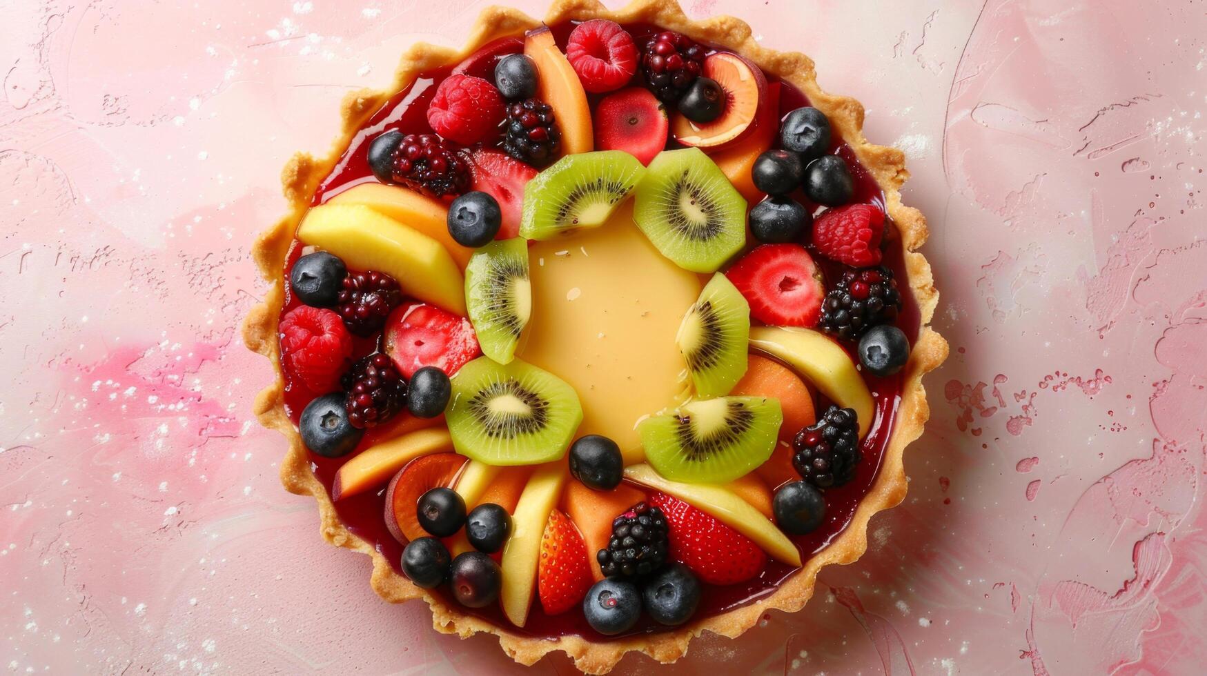 Delicious and colorful fruit tart with a variety of fresh berries and fruits on a delicate crust, set against a pink background. photo