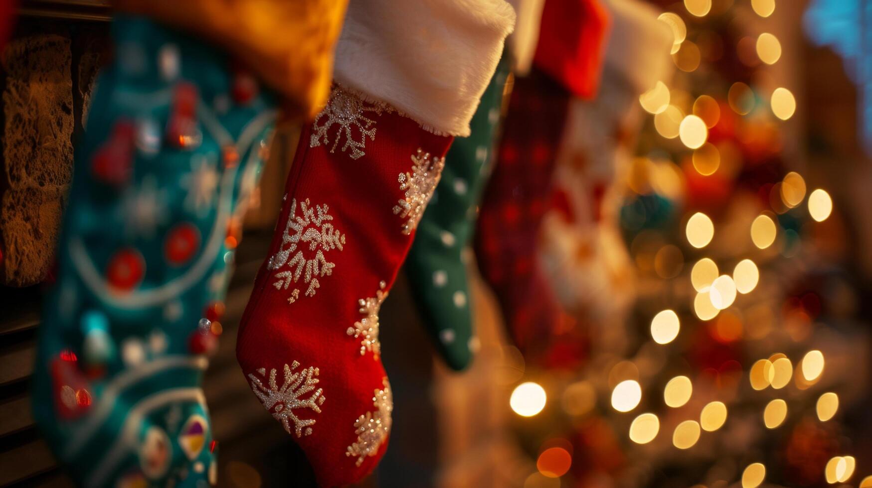 Colorful Christmas stockings hanging by the fireplace with a decorated Christmas tree and lights in the background. photo