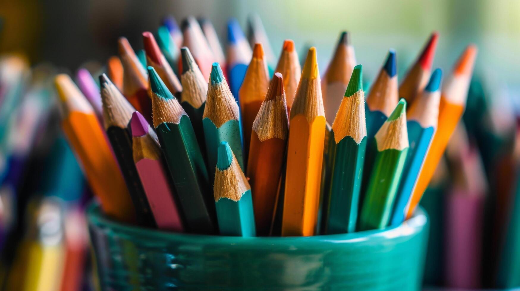 Close-up of colorful pencils in a green pot, perfect for art and education themes. High-resolution image with vibrant colors and sharp details. photo
