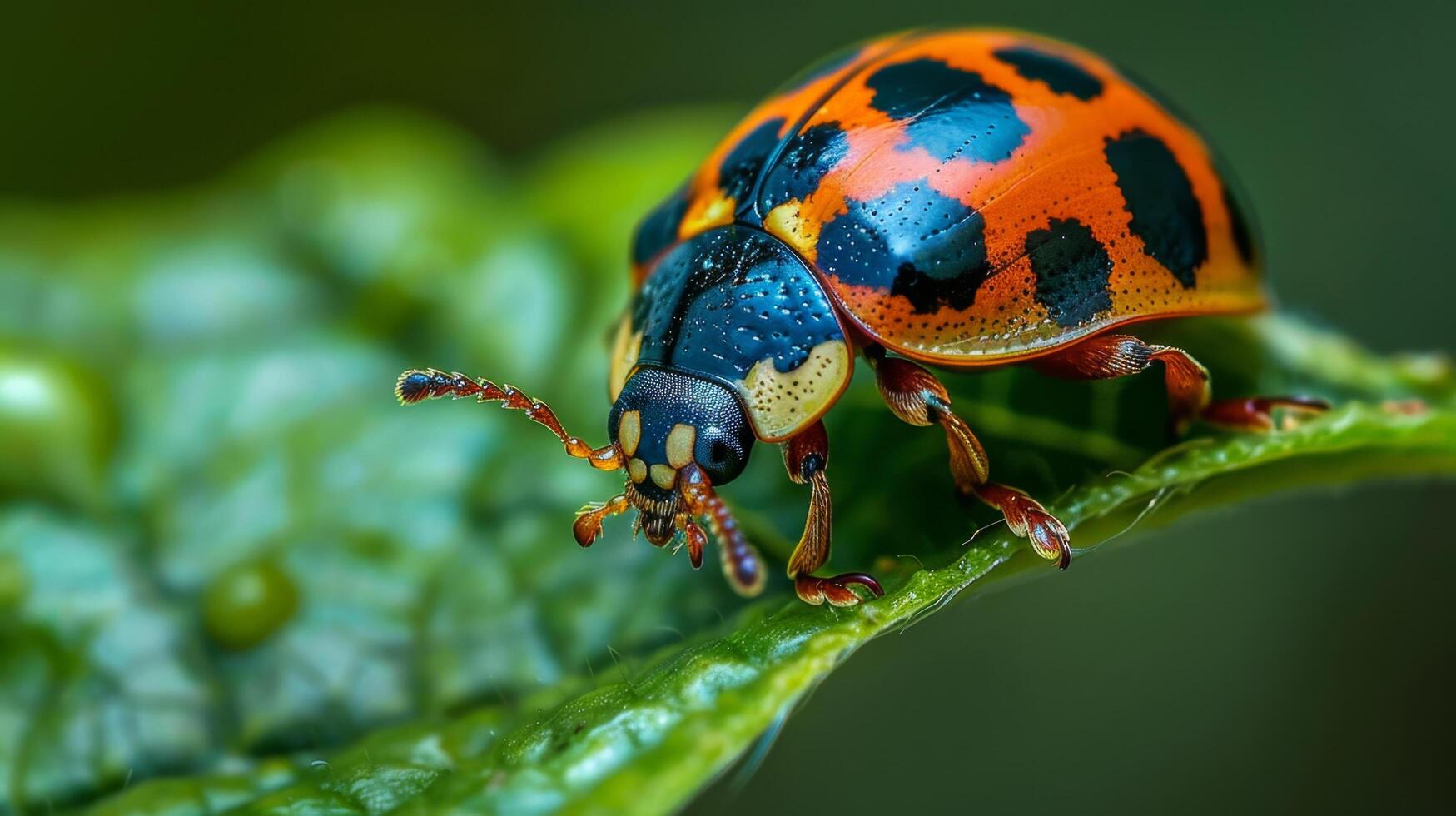 Macro shot of a colorful ladybug on a green leaf, showcasing the intricate details of its body and the vibrant orange and black patterns. photo