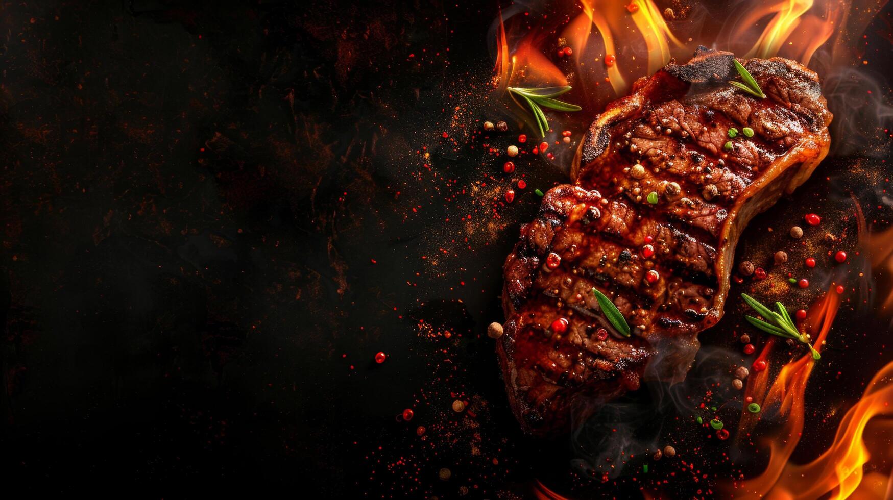 Grilled steak sizzling on open flames, seasoned with herbs and spices. Perfect for barbecue, food, and culinary themes. photo