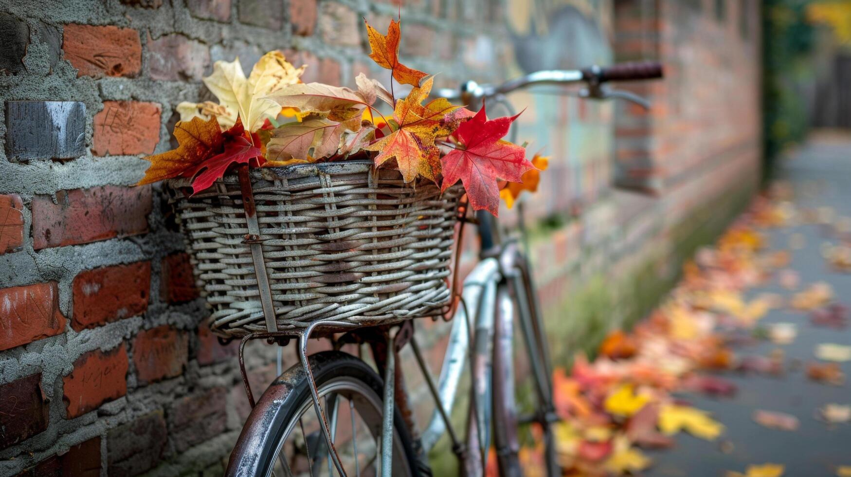 Vintage bicycle with a basket full of autumn leaves leaning against a rustic brick wall on a leaf-strewn path. photo