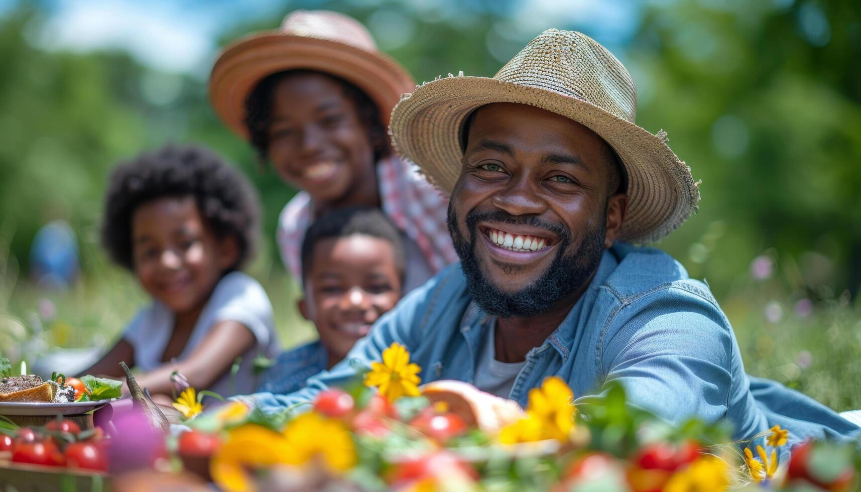 Happy family enjoying a sunny day outdoors with vibrant flowers and smiles, celebrating togetherness and joy in nature. photo