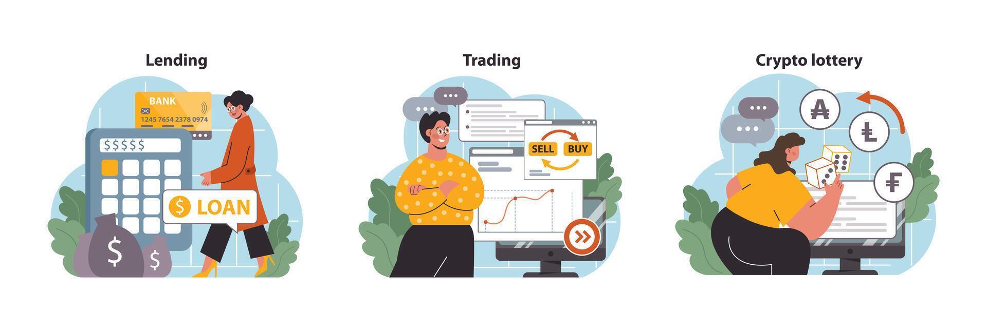 DeFi, decentralized finance set. Smart distributed ledger vector