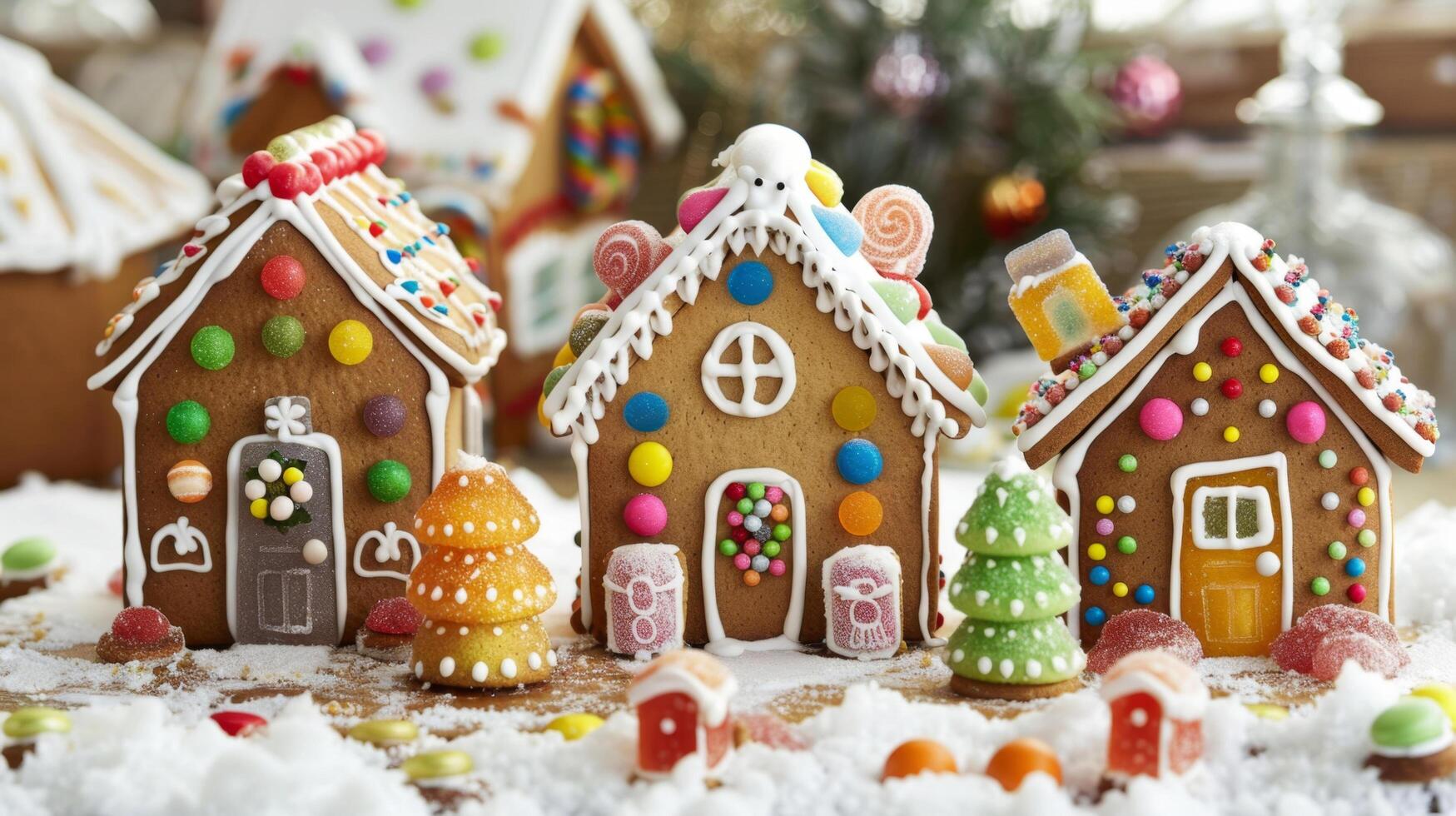 Colorful gingerbread houses decorated with icing and candies, set against a festive holiday background with snow and Christmas decorations. photo