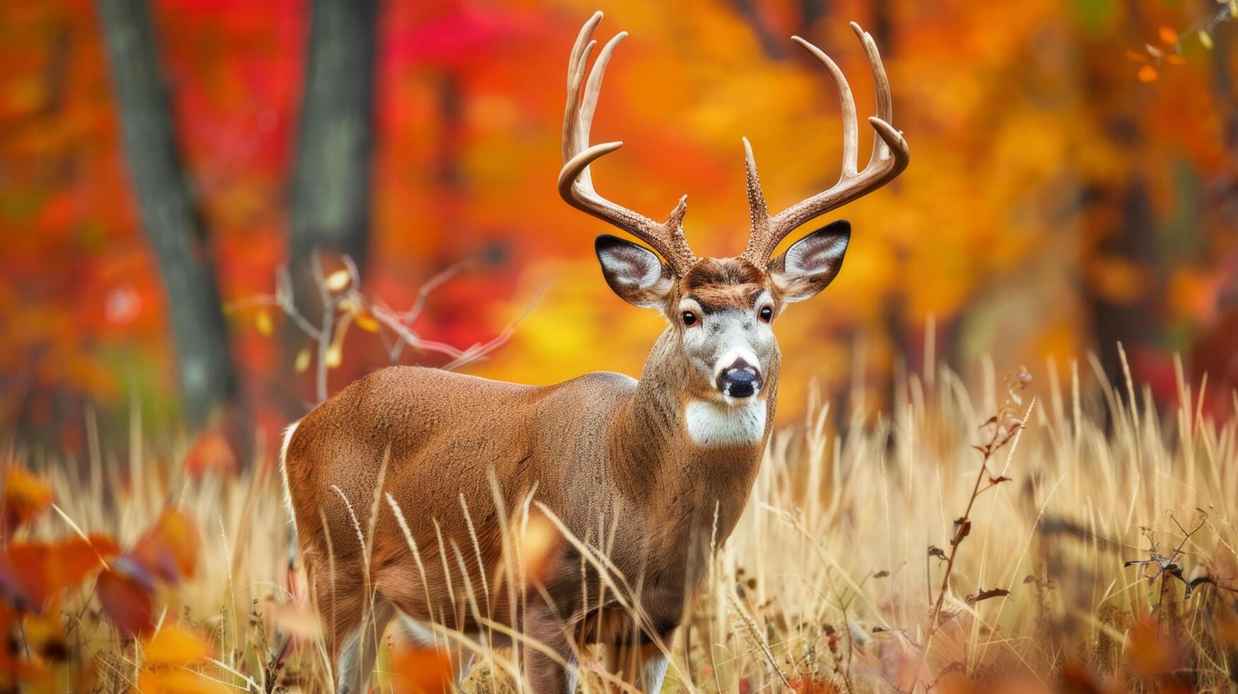 Majestic deer with large antlers in an autumn forest setting with vibrant fall foliage and tall grasses. photo