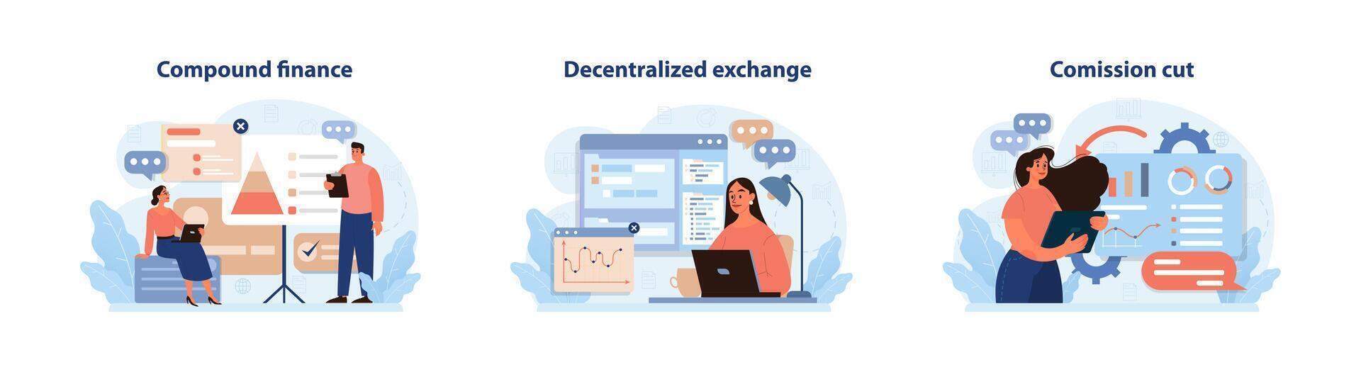DeFi, decentralized finance set. Smart distributed ledger vector