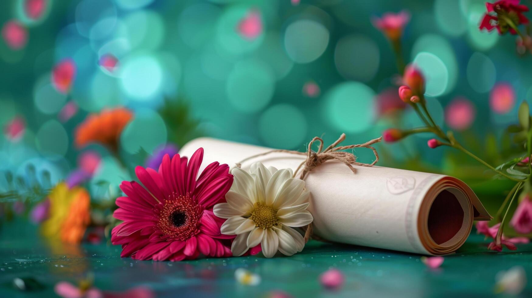 Rolled up parchment paper with colorful blooming flowers against a vibrant bokeh background creating a festive and celebratory mood. photo
