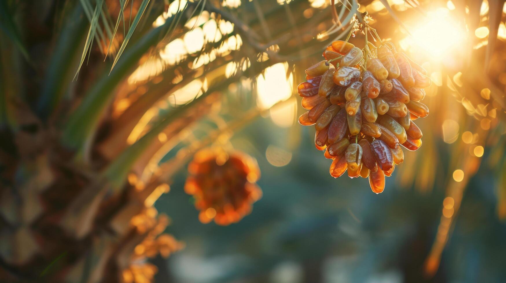 A beautiful close-up of ripening dates on a palm tree with golden sunlight filtering through leaves, creating a tranquil and warm atmosphere. photo