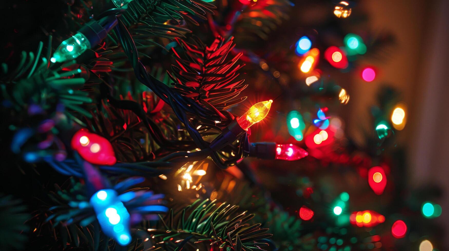 Close-up of colorful Christmas lights on a fir tree branch, creating a festive and warm holiday atmosphere. photo