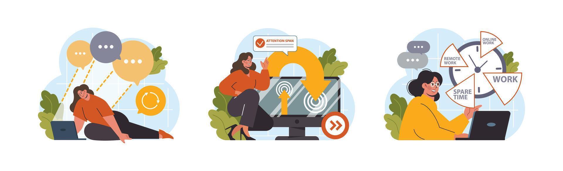 Hyperfocus set. Focus and concentration skill. Self-discipline and time vector