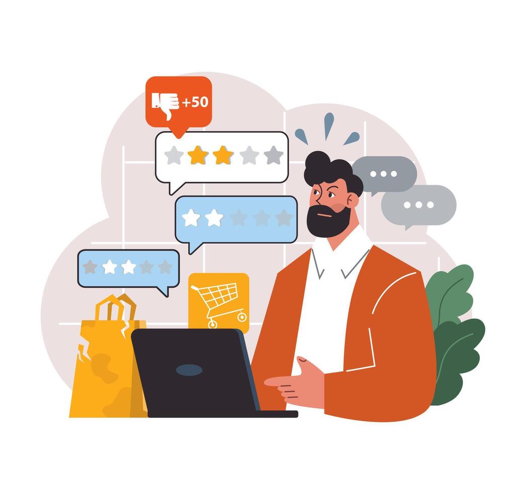 Angry man leaving a bad feedback. Dissatisfaction of product or purchase vector