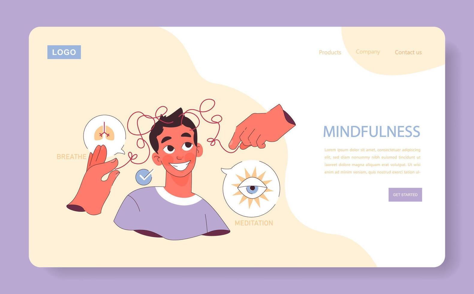Mindfulness web banner or landing page. Cheerful male character vector