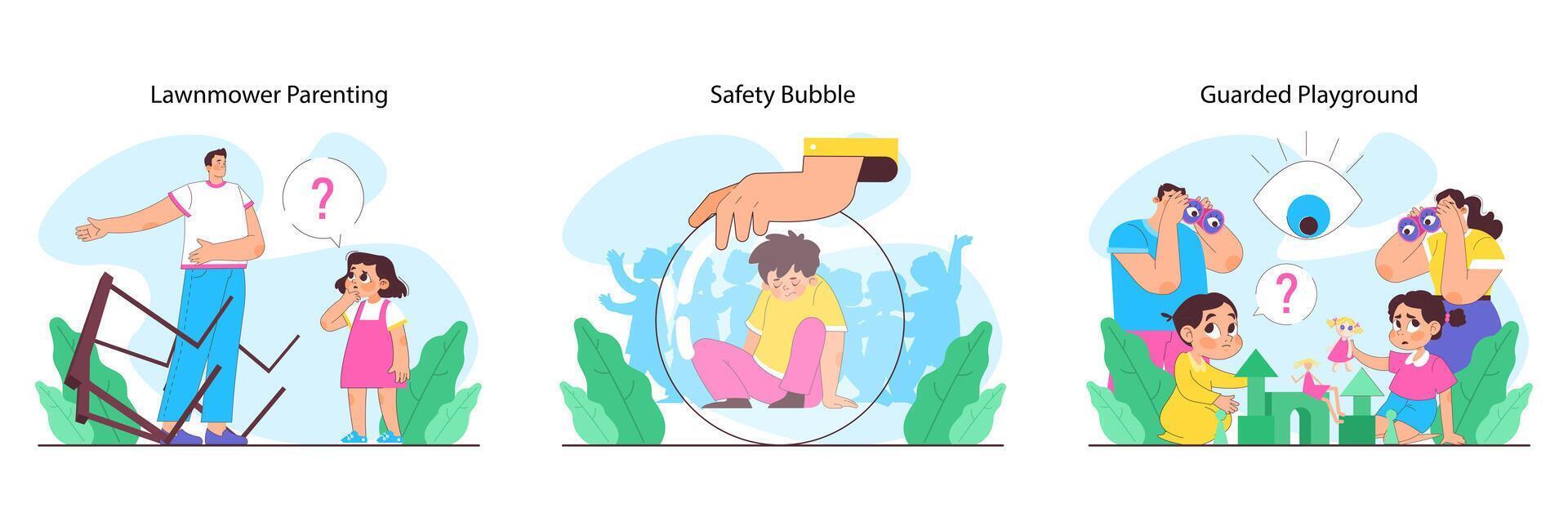 Overprotective parenting set. Children and parents in various situations vector