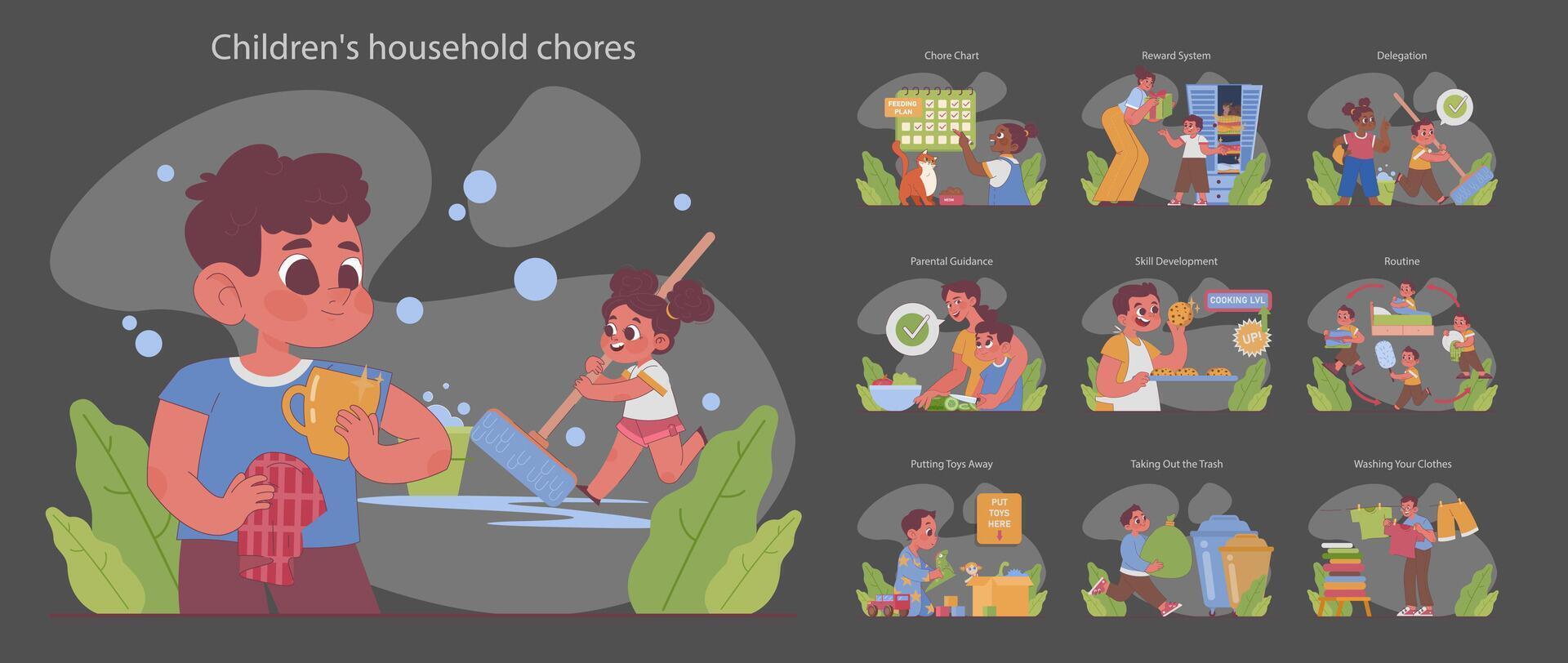 Child doing household chores night or dark mode set. Formation vector