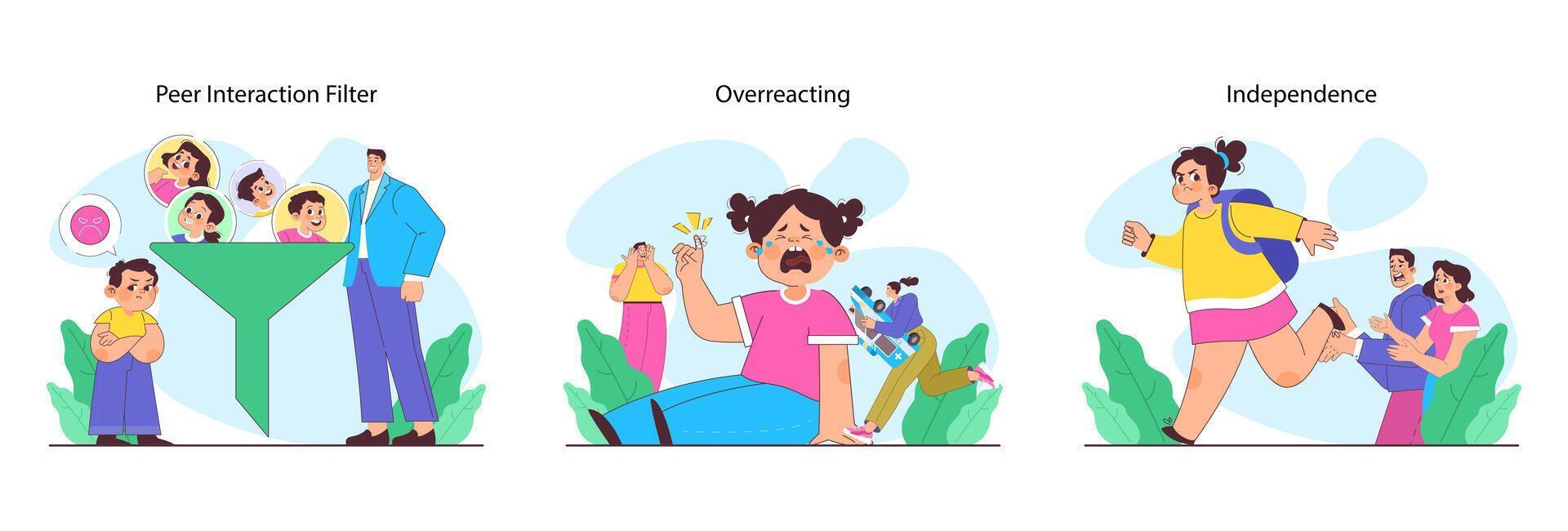 Overprotective parenting set. Children and parents in various situations vector