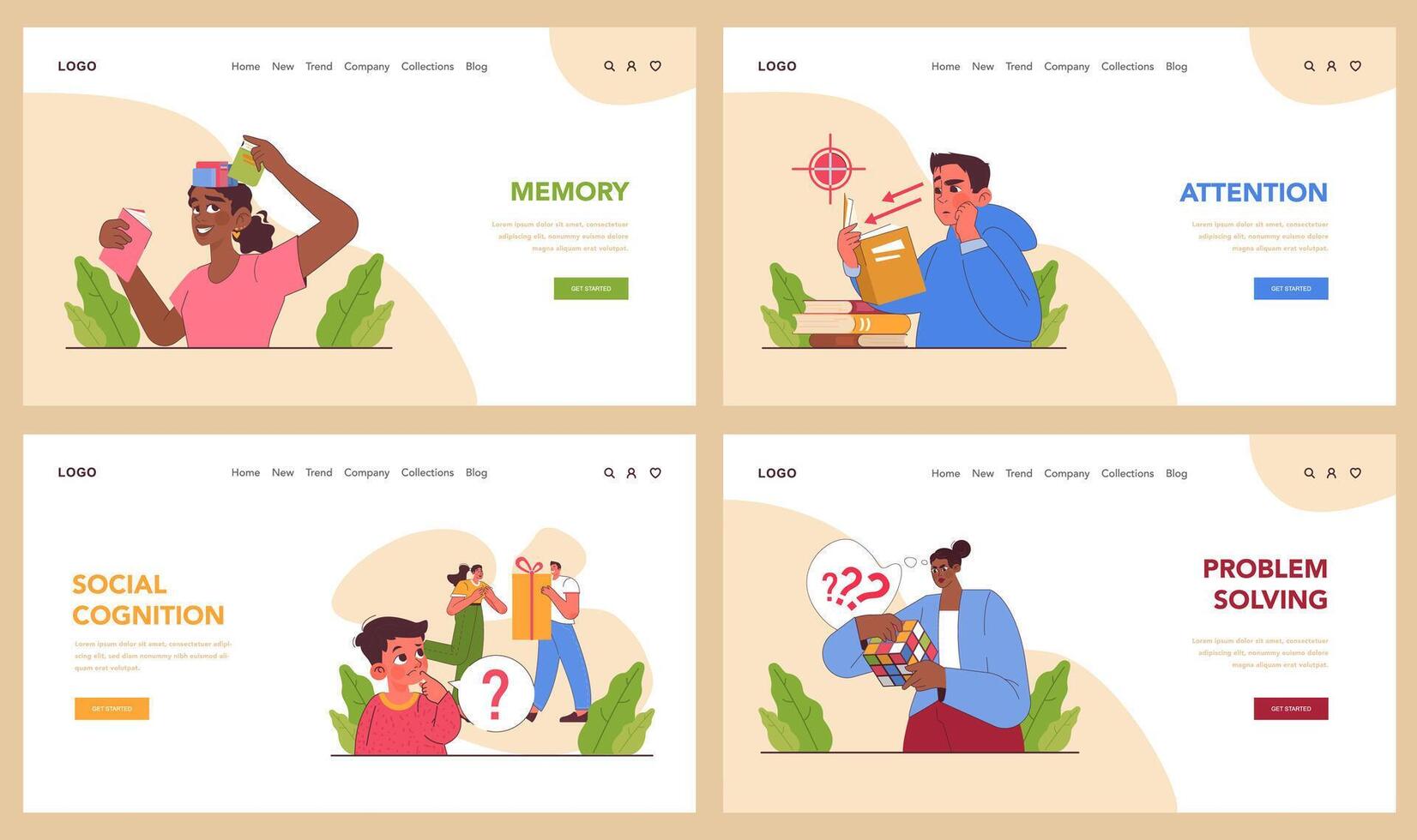 Cognitive skills web banner or landing page set. Human cognitive function vector