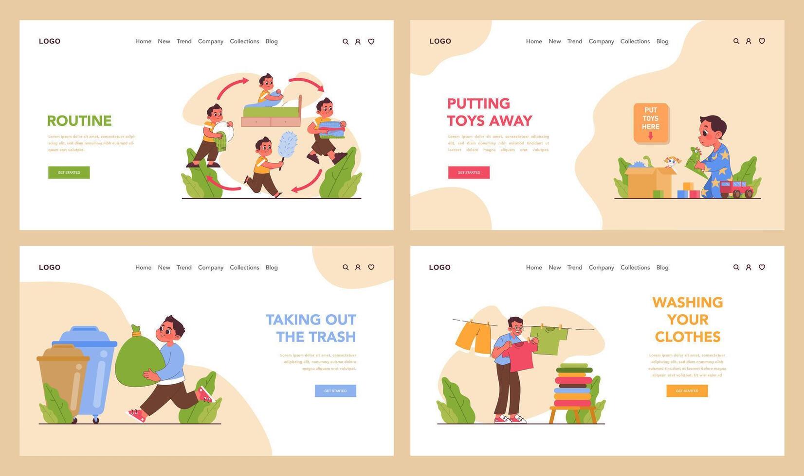 Child doing household chores web banner or landing page set. Formation vector