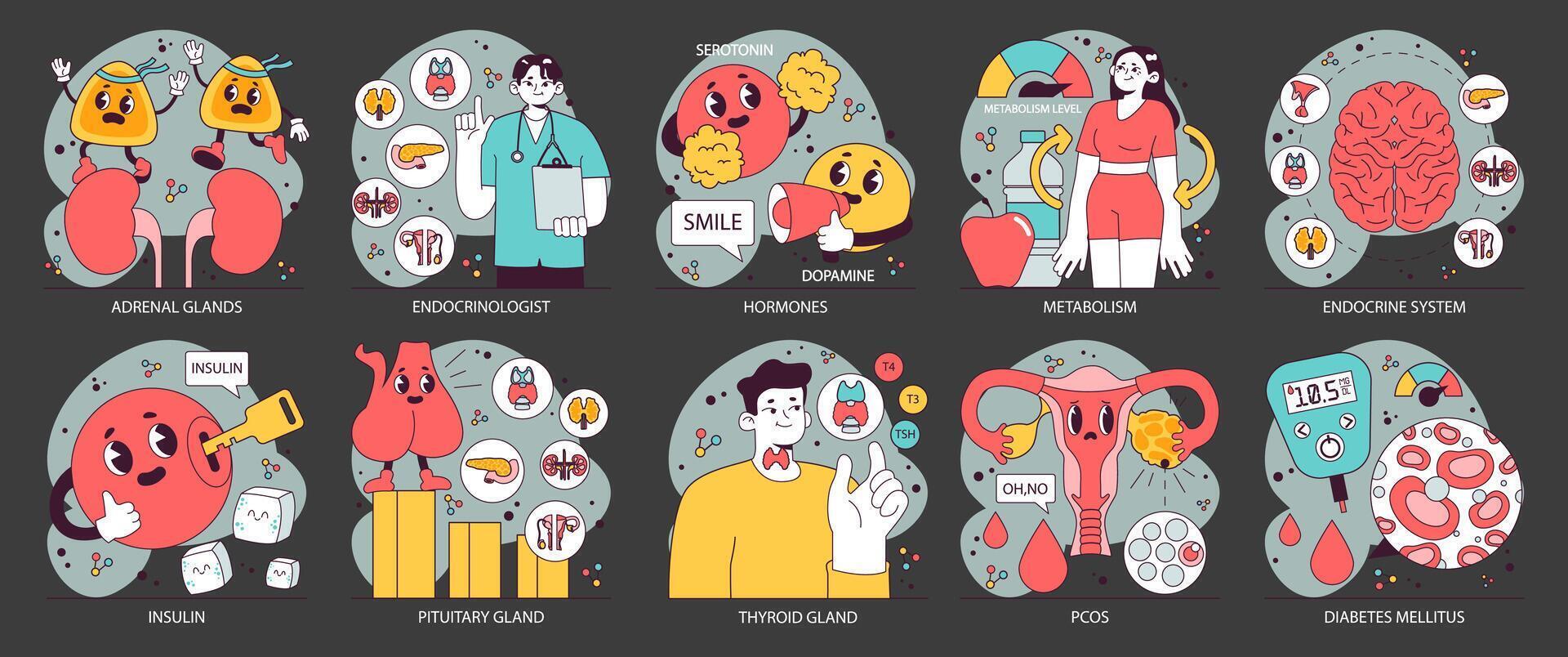 Endocrine system organs and disease night or dark mode set. vector