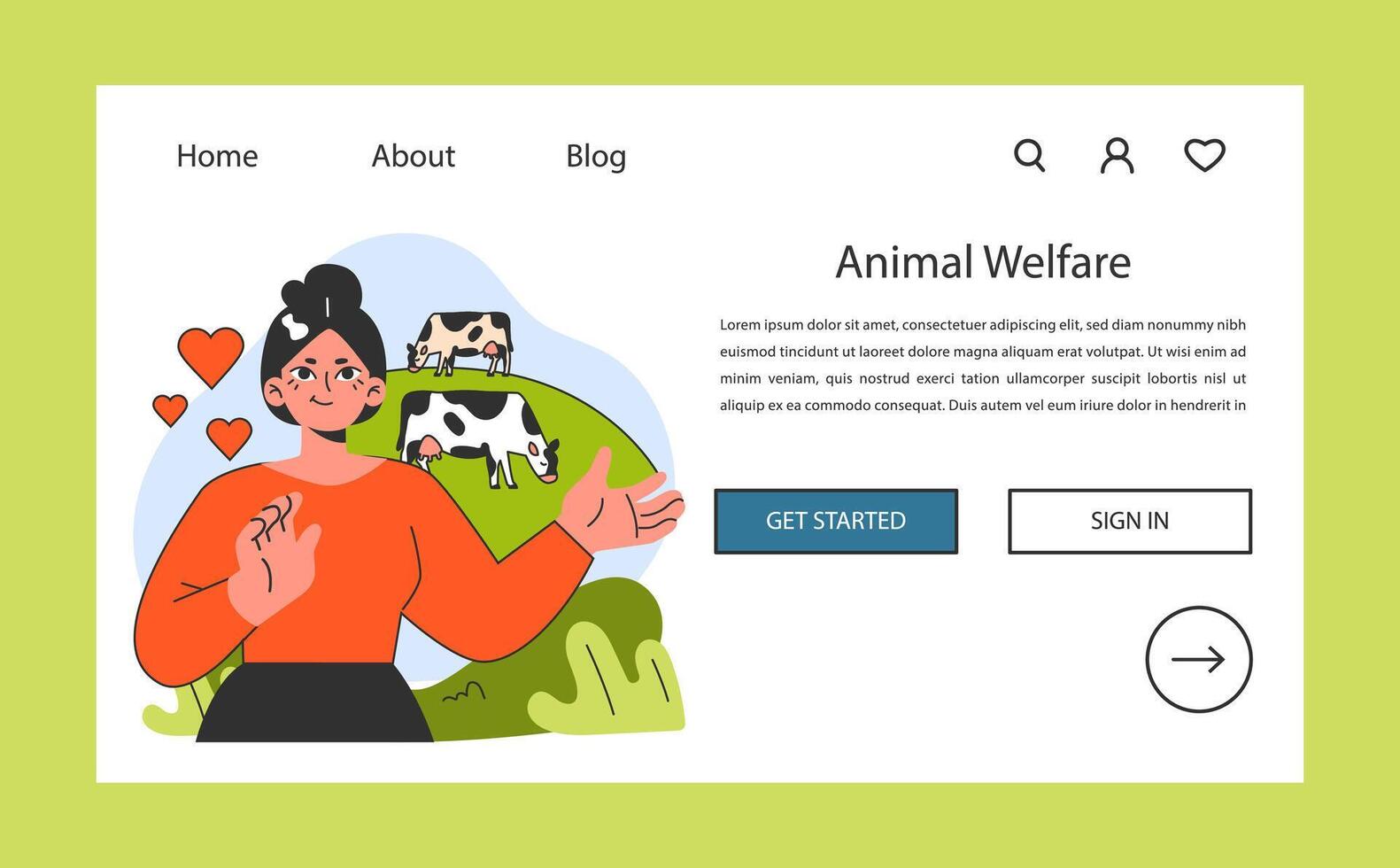 Animal welfare web banner or landing page. Cows grazing in the meadow. vector