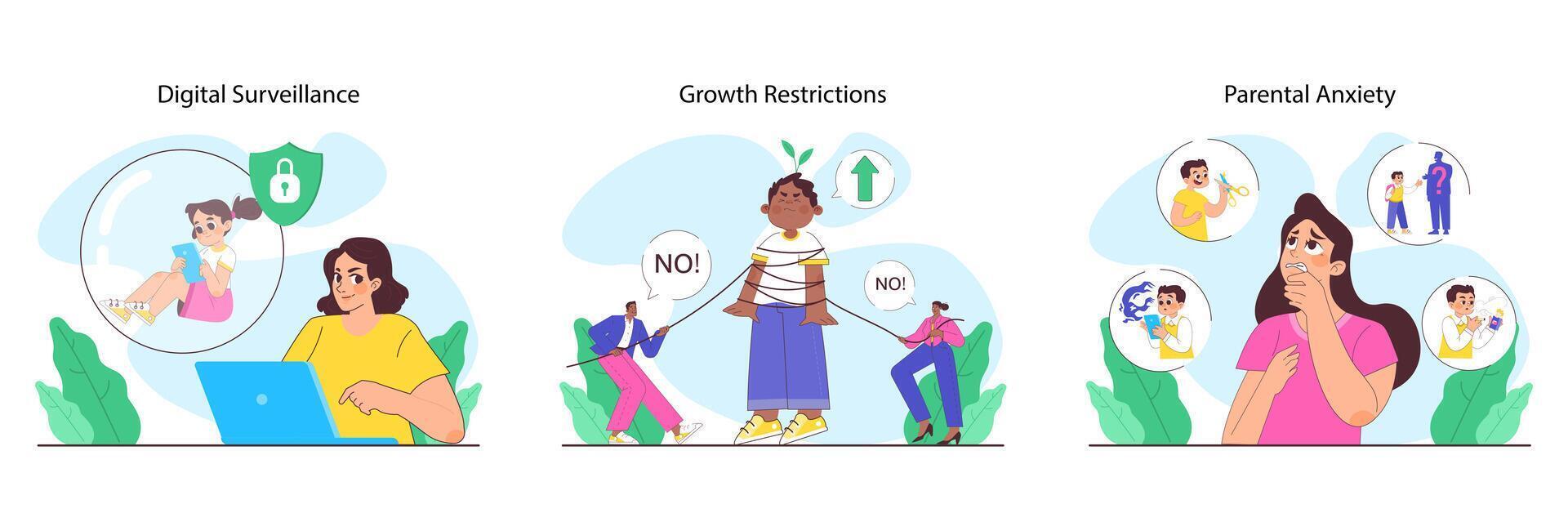 Overprotective parenting set. Children and parents in various situations vector