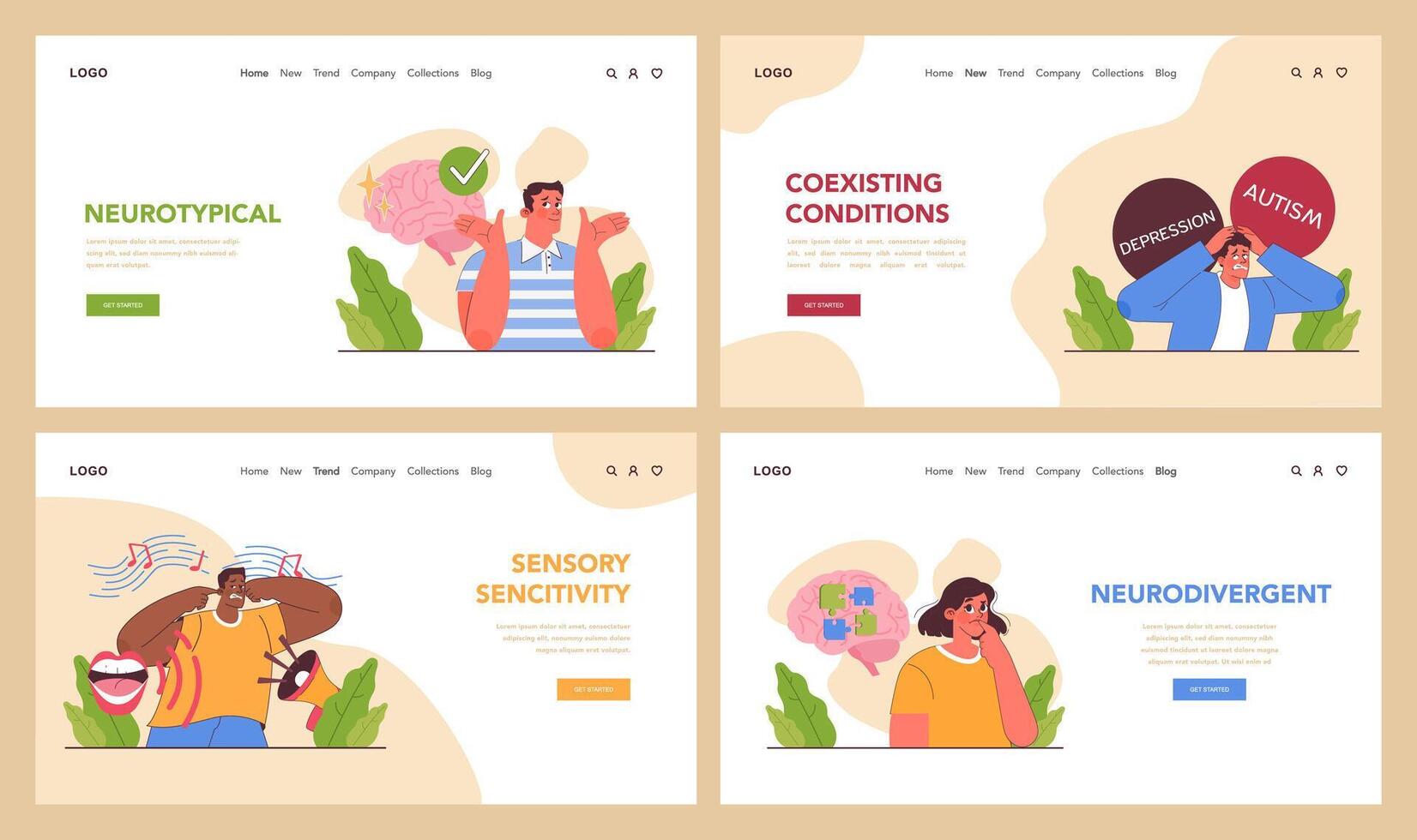 Neurodiversity web banner or landing page set. Cognitive development vector