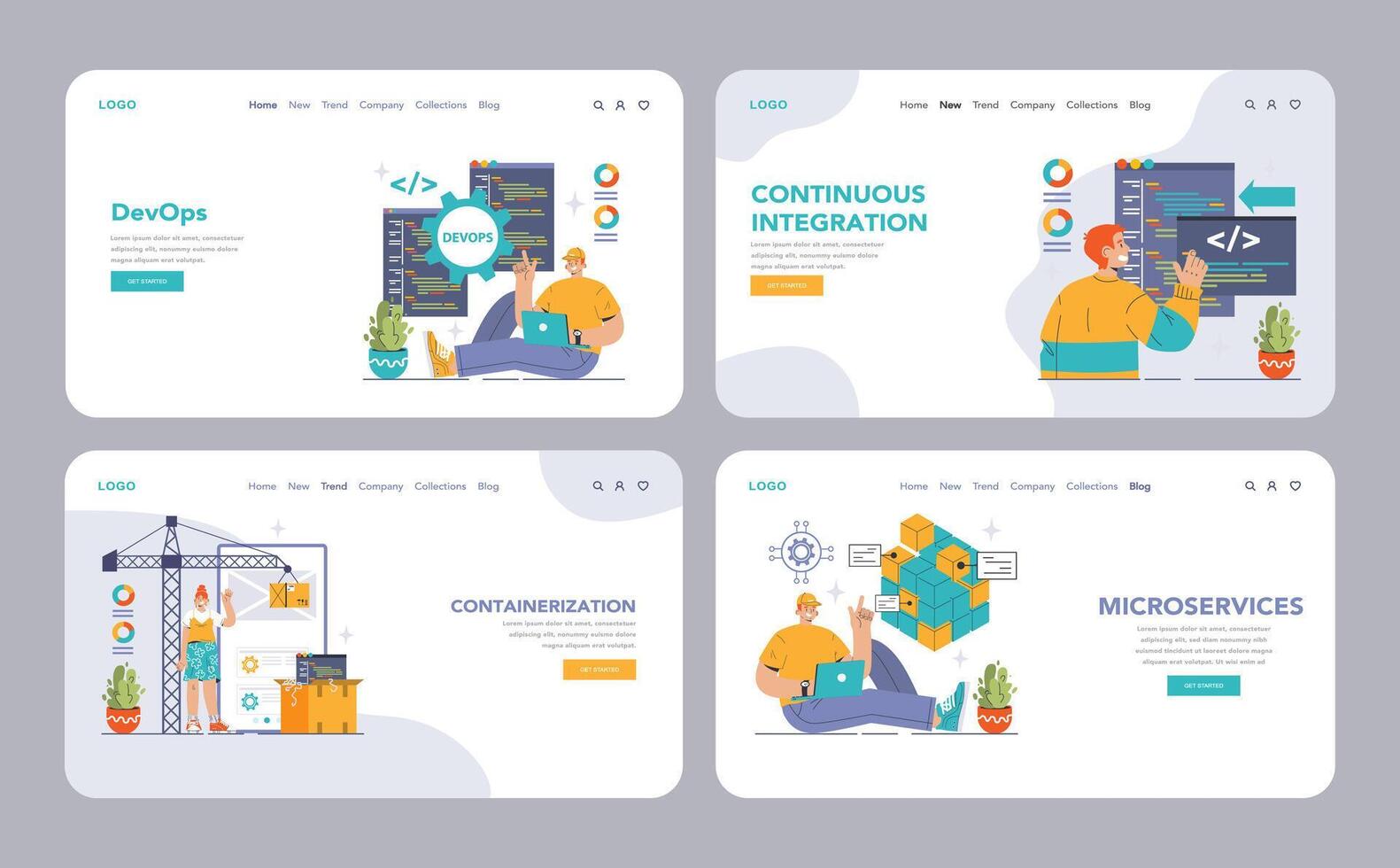 DevOps web banner or landing page set. Software development methodology vector