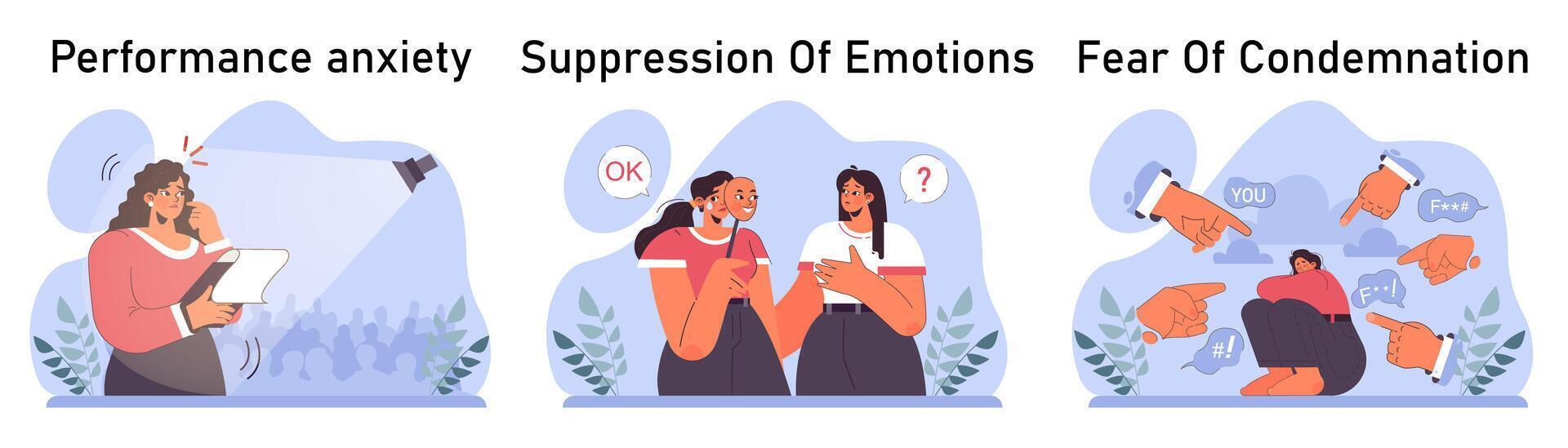Anxiety set. Character mental health issues. Woman coping with psychological vector