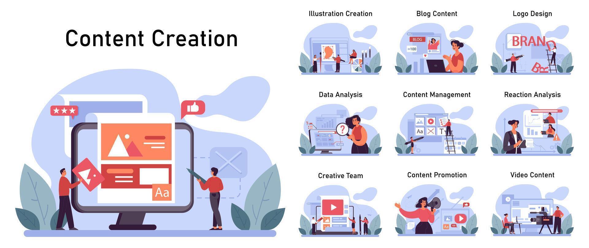 Content creation set. Social media marketing and digital vector