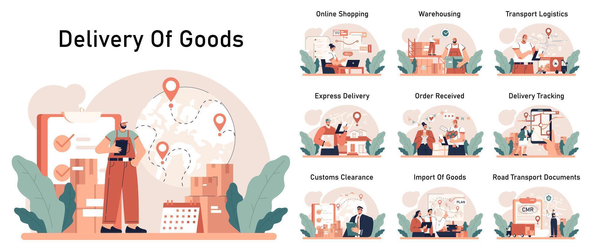 Delivery of goods set. Warehousing, logistics and delivery of customer vector