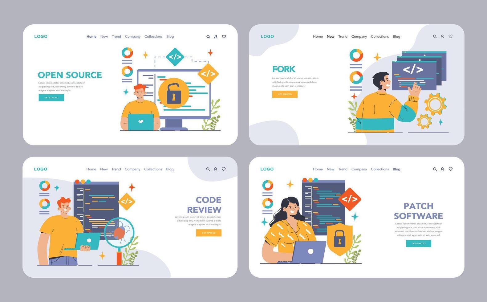 Open source web banner or landing page set. Software with code available vector