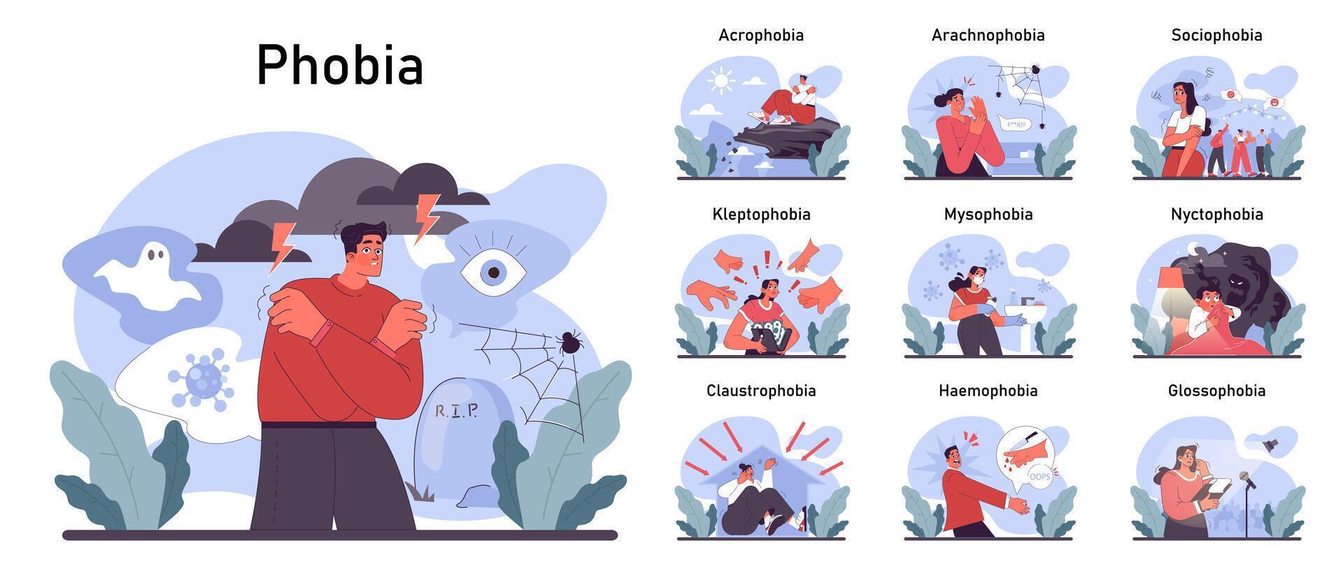 Phobia set. Human's irrational inner fears and panic. Mental disorder vector
