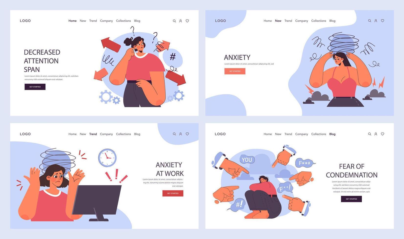 Anxiety web banner or landing page set. Character mental health issues vector