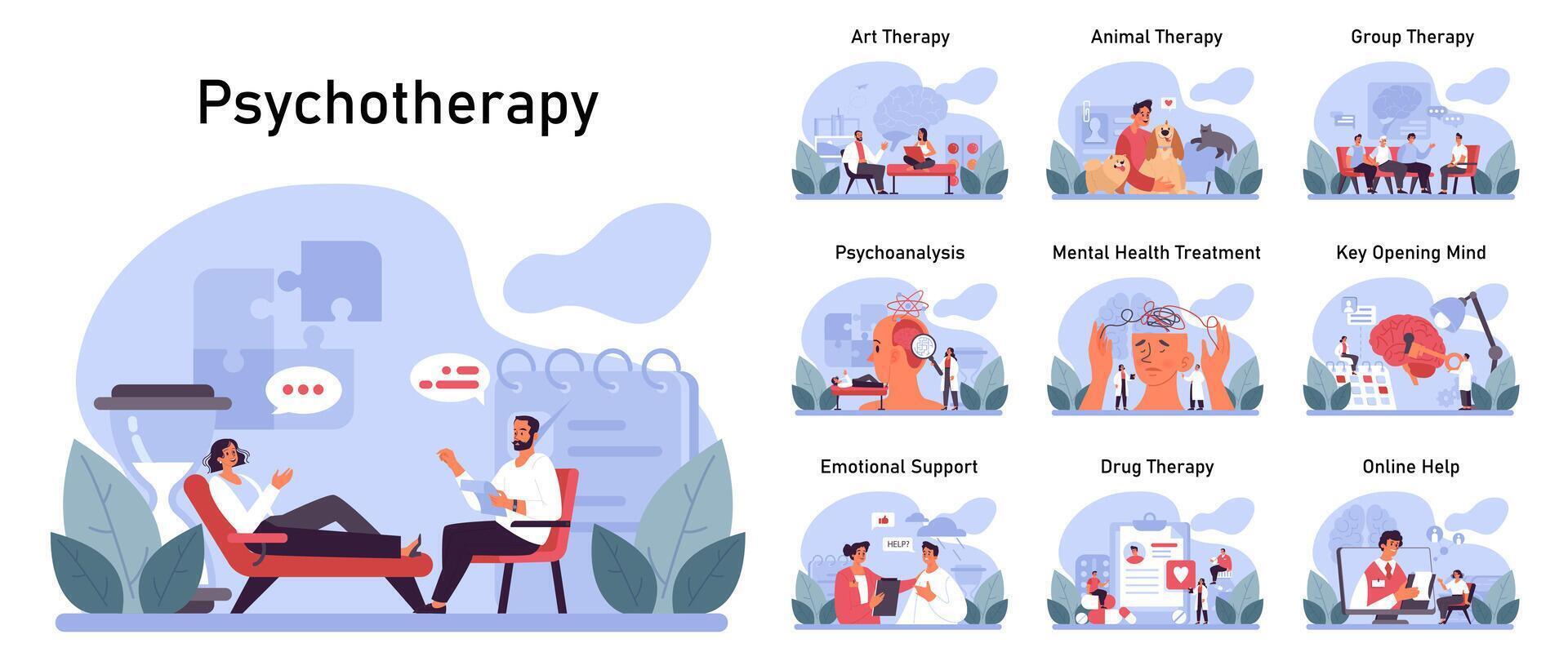 Psychotherapy set. Psychiatrist consulting a patient on mental health vector