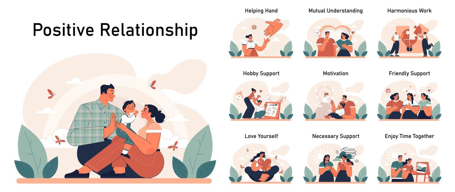 Positive relationships set. Loving family connection and friends support. vector