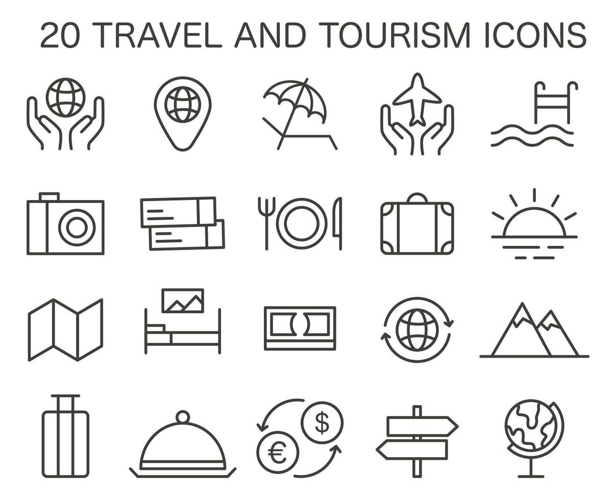 Tourism icons set. Simple symbols for traveling the world seeing attractions vector
