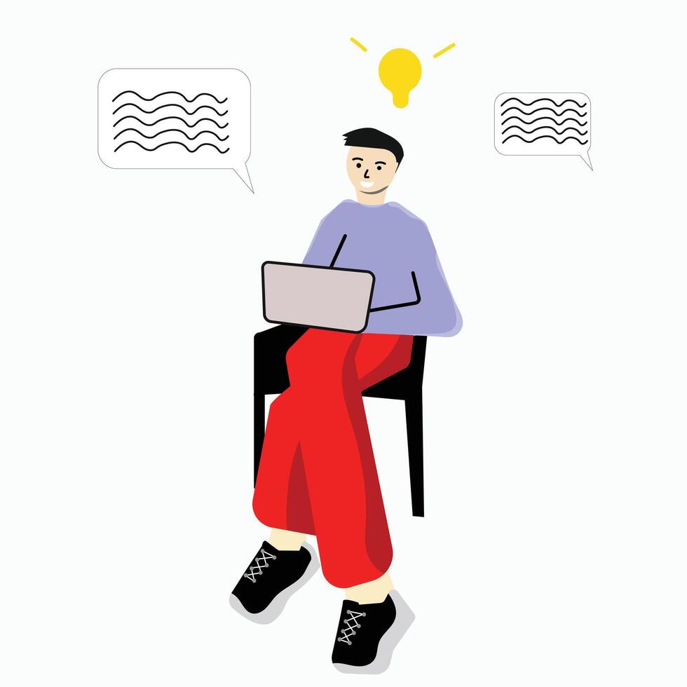 A man sits in a chair holding a laptop at home while quietly completing his work vector