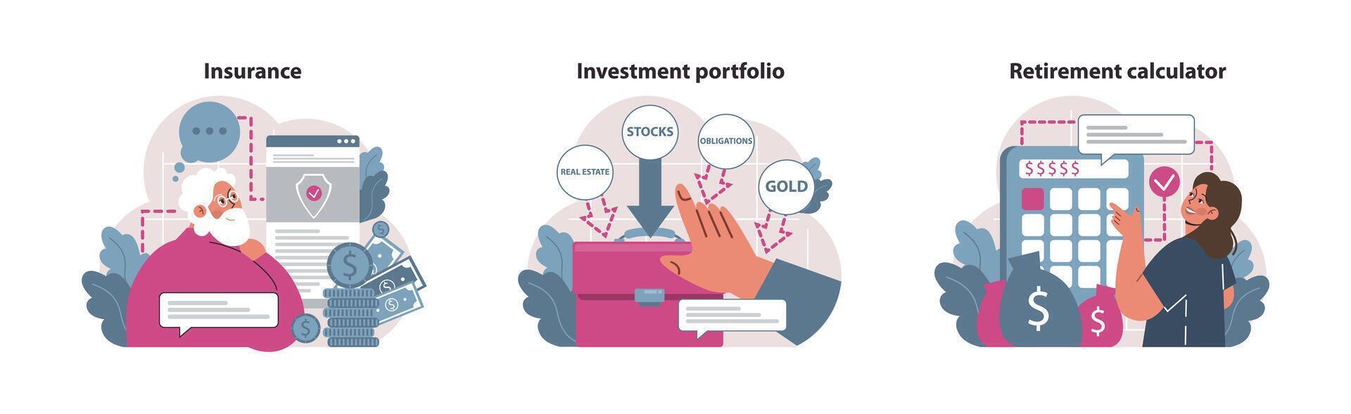 Financial independence, FIRE concept set. Money savings and investment vector
