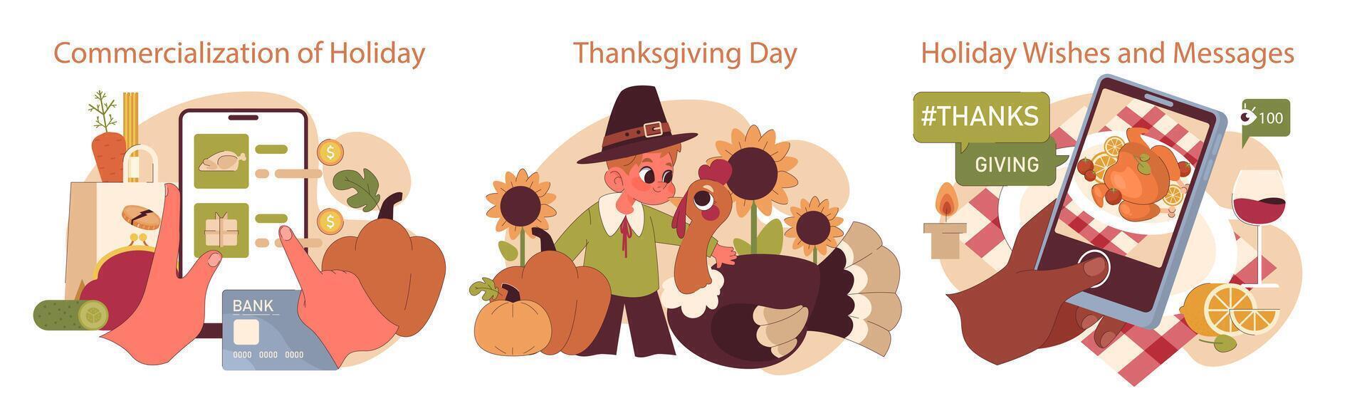 Joyful family celebrating Thanksgiving set. American holiday dining and gathering vector