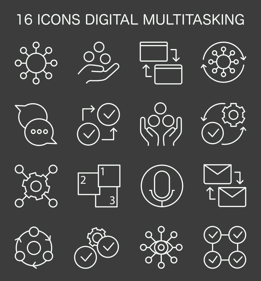 Digital multitasking icons set. Effectiveness and competence, media vector