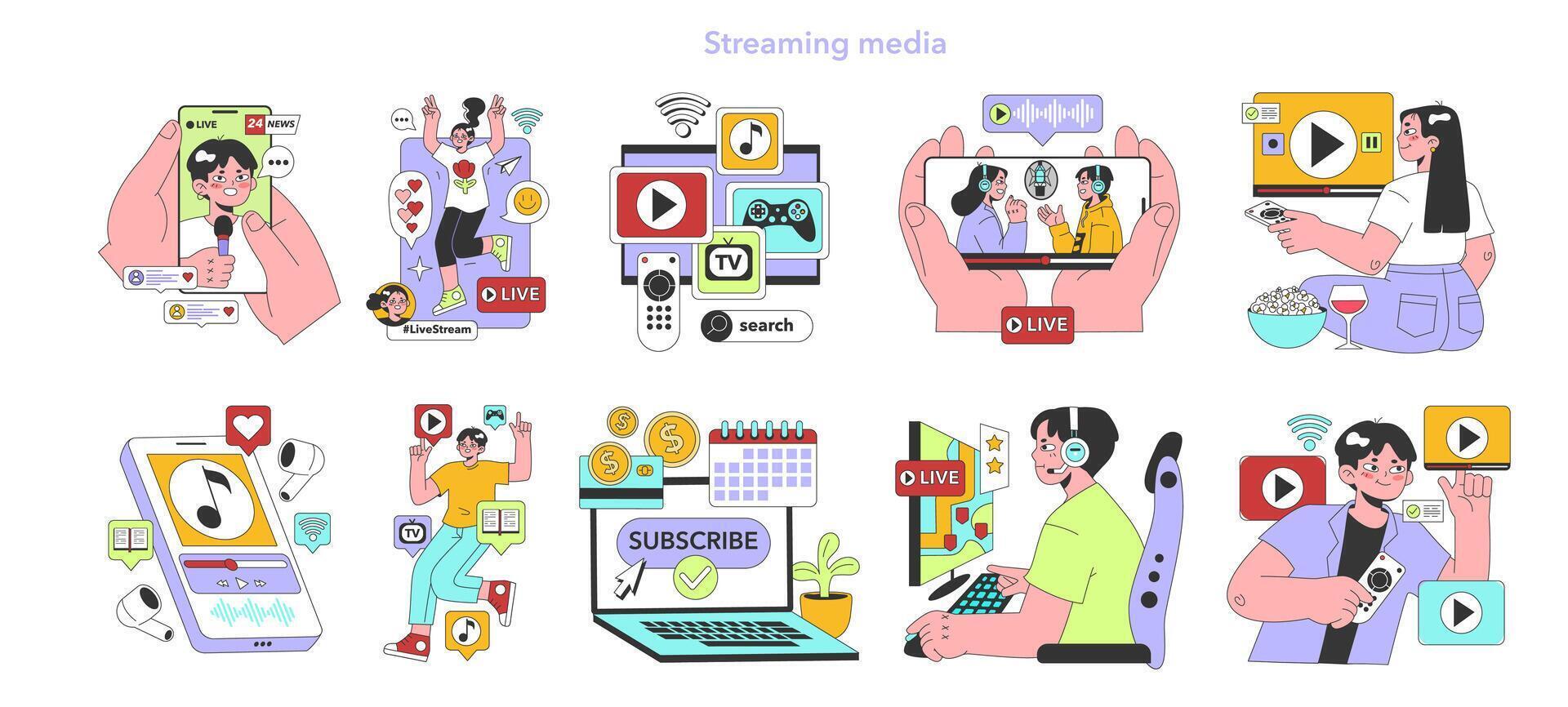 Streaming media service set. Online platforms subscription. vector