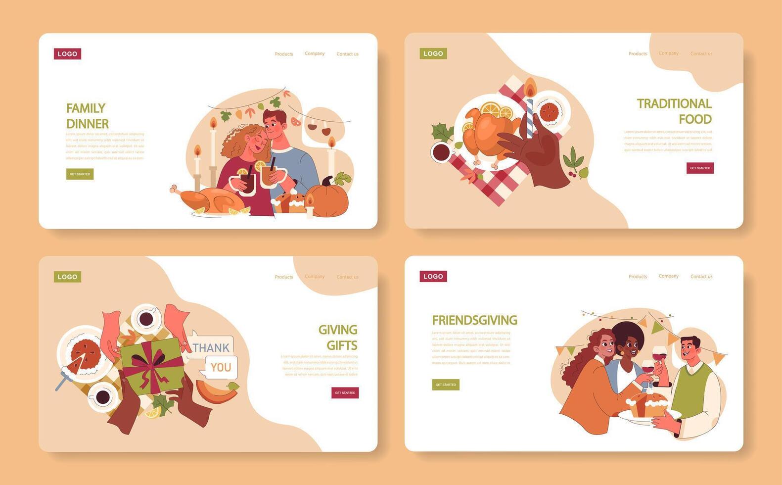 Joyful family celebrating Thanksgiving web banner or landing page set. vector