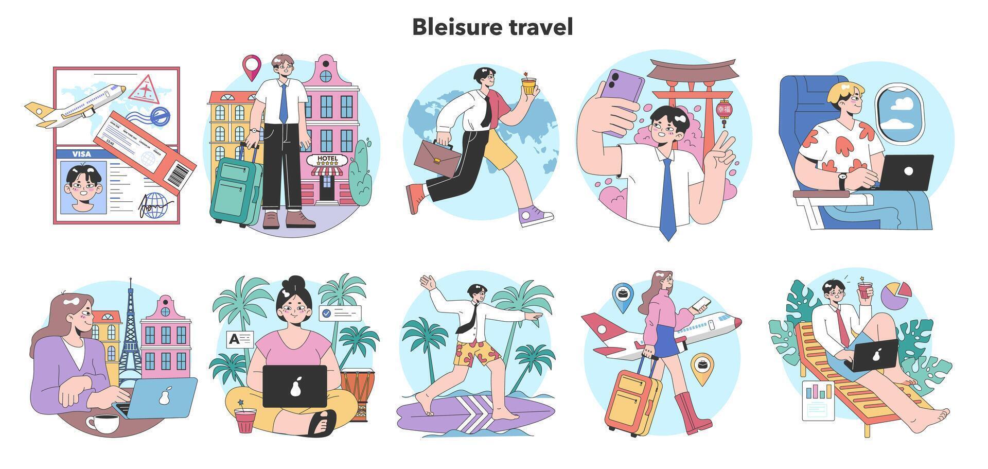 Bleisure travel set. Business and sightseeing trip. Workation, digital vector