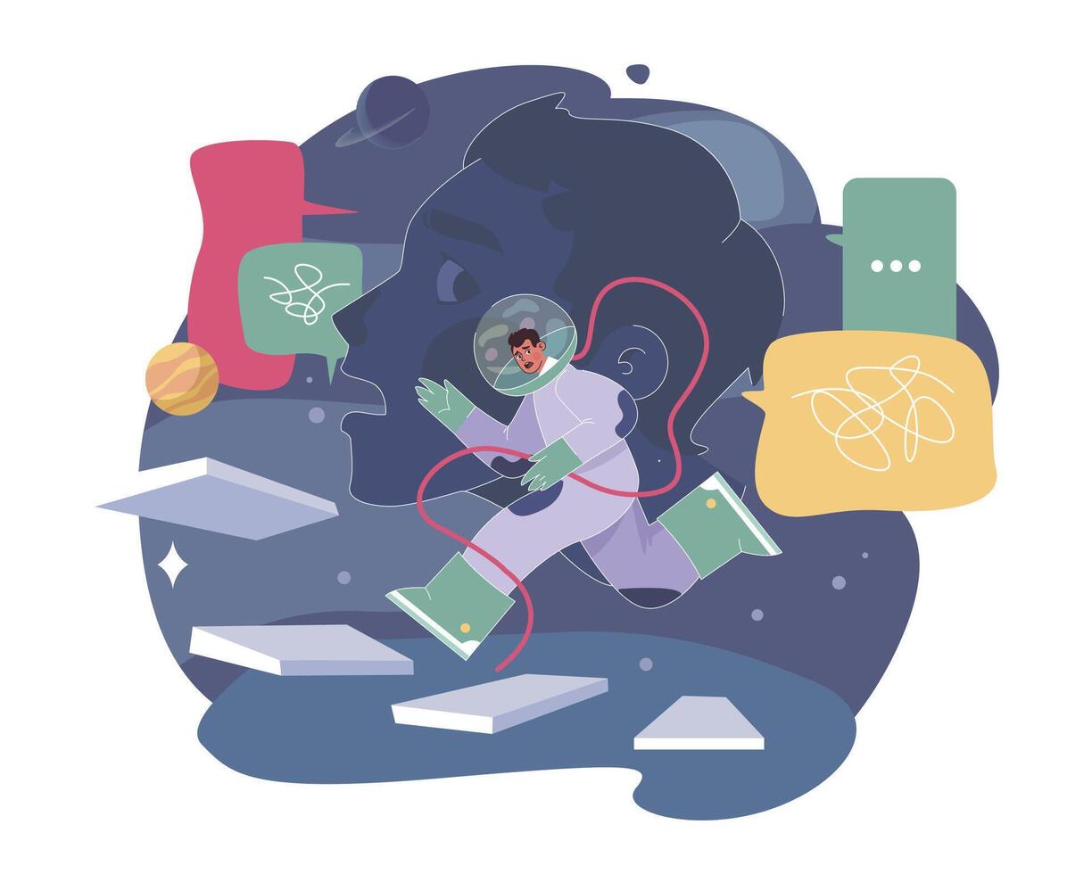 Loneliness. Unhappy person, astronaut left alone in space. Character vector