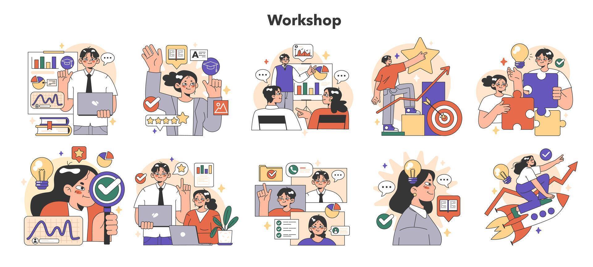 Training workshop set. Interactive training process. Professional development. vector