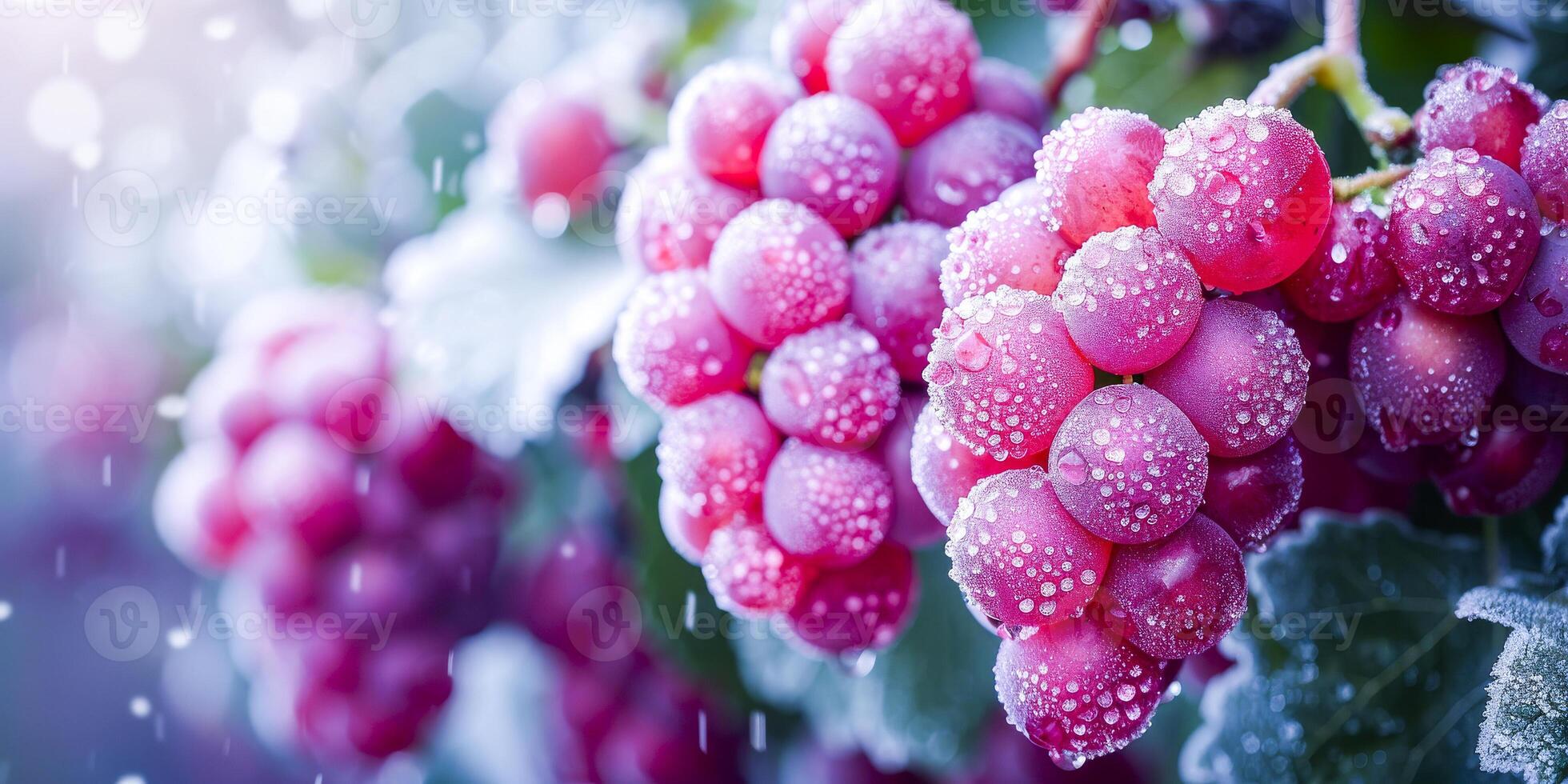 Dew-Kissed Red Grapes on Vine in Morning Light photo