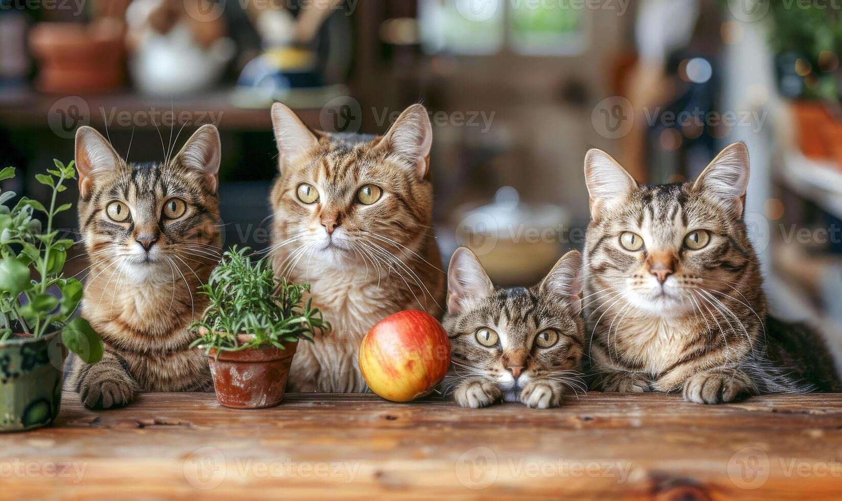 Four Adorable Cats Together on a Wooden Table photo