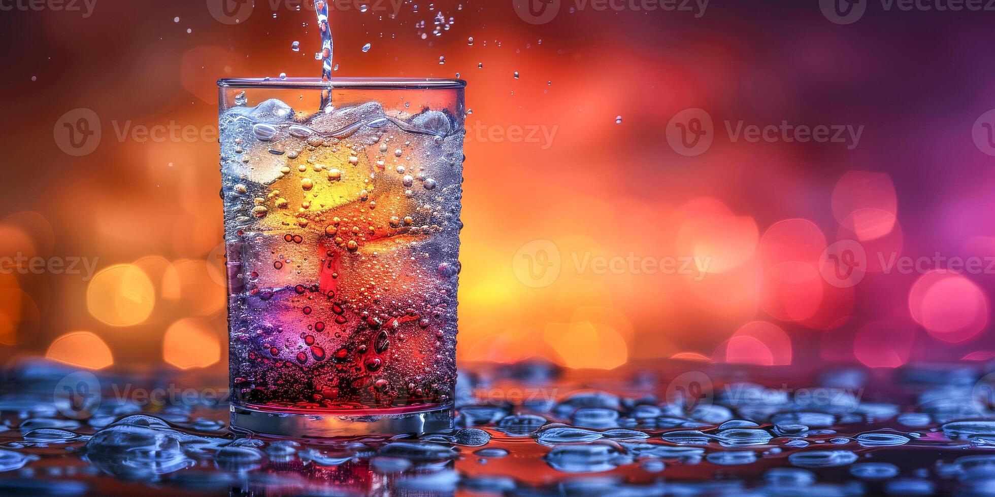 Fizzing Soda Pour into Glass with Vivid Backlight photo